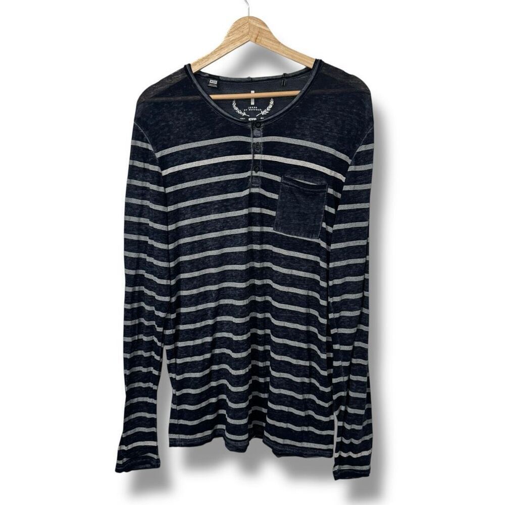 Buffalo Men's Henley Shirt Blue Gray Striped Long Sleeve Chest Size Medium
